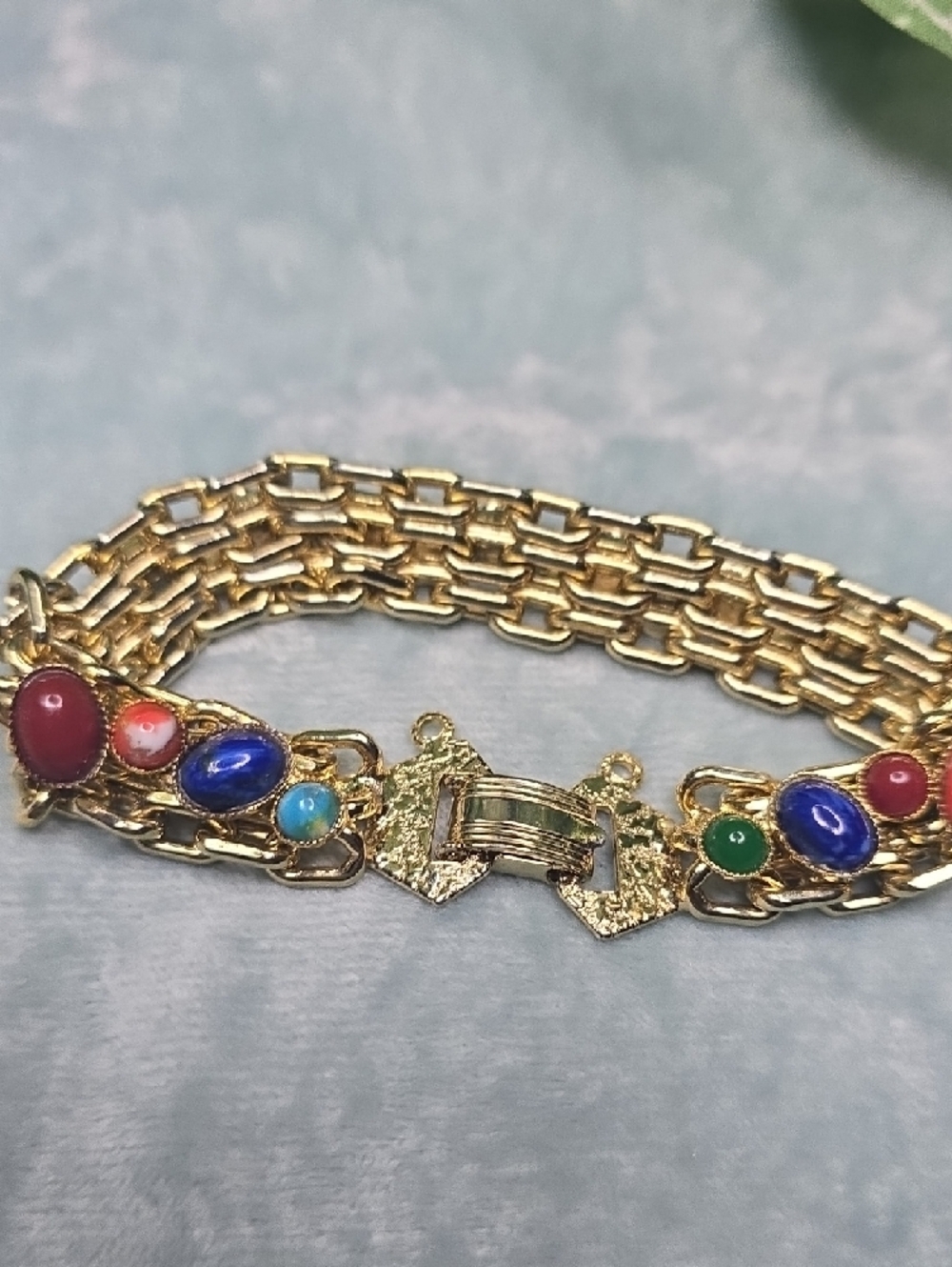 Gold Multicolor Cabochon Link Bracelet - Women Jewelry - Picture 4 of 7
